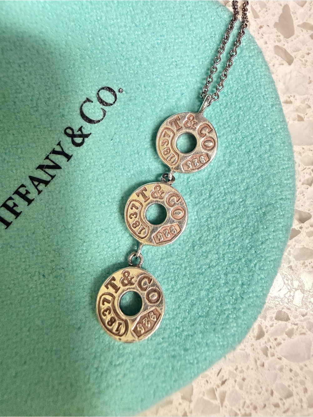 Tiffany & Co. Silver 1837 Round Tag Necklace with Aqua Pouch
